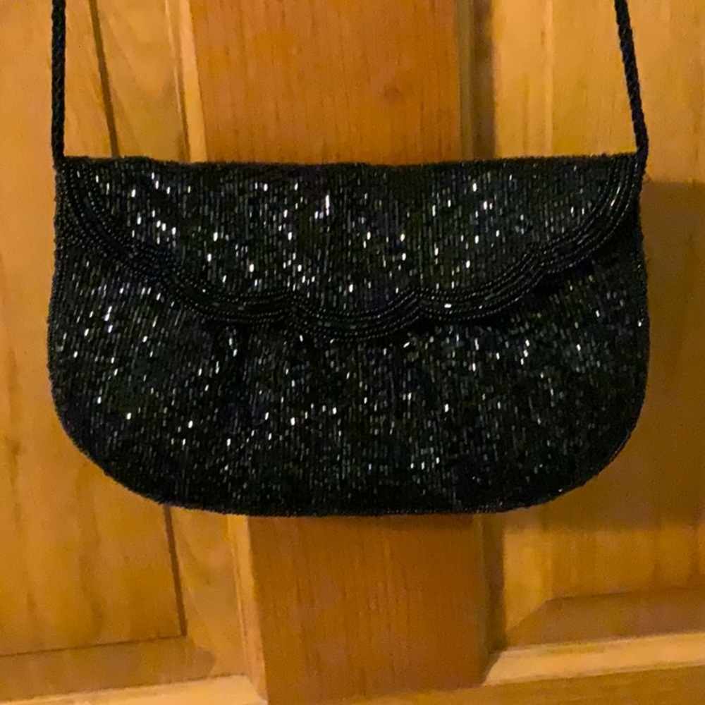 Valerie Stevens Prom Evening Black Beaded Clutch with Strap